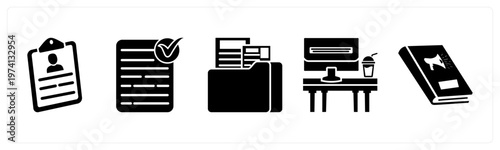 A set of 5 mix icons as clipboard, approved document, folder