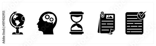 A set of 5 mix icons as globe, planning, sandglass