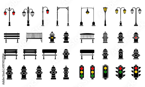 Urban City Street Elements Icon Set — Black Silhouette Collection of Street Lamp, Park Bench, Fire Hydrant and Traffic Light Symbols for City Infrastructure Design