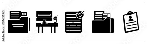 A set of 5 mix icons as folder, office table, approved document