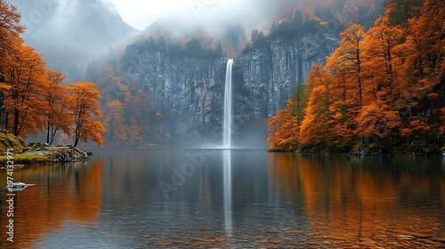 Autumn waterfall reflecting in calm lake