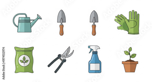 Gardening Tools and Supplies Illustration - Watering Can, Trowels, Gloves, Fertilizer, Pruners, Spray Bottle, and Potted Plant.