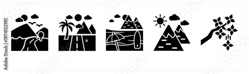 A set of 5 mix icons as nature, road, beach