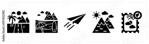 A set of 5 mix icons as road, beach, paper plane