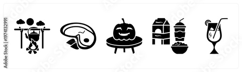 A set of 5 mix icons as barbecue, chicken slice, halloween pumpkin