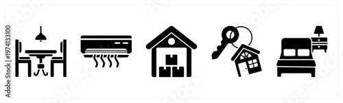 A set of 5 mix icons as dining table, air conditioner, warehouse