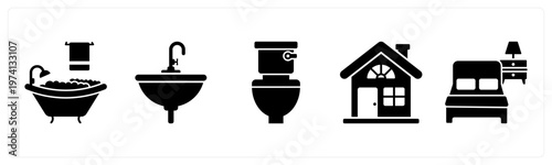 A set of 5 mix icons as bathtub, washbasin, commode