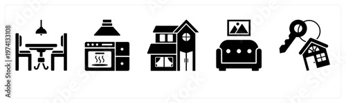 A set of 5 mix icons as dining table, microwave, villa