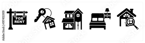 A set of 5 mix icons as for rent, home key, villa