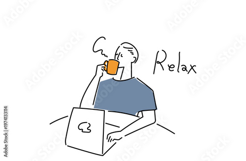 リモートワークの合間にマグカップでコーヒーを飲み一息つく男性の線画イラスト