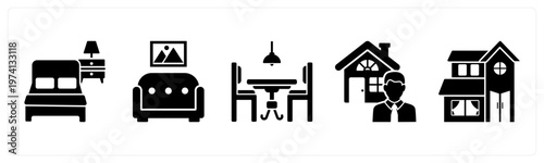A set of 5 mix icons as bed, sofa, dining table