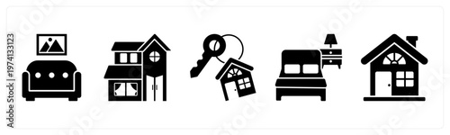 A set of 5 mix icons as sofa, villa, home key