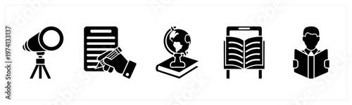 A set of 5 mix icons as telescope, writing, history