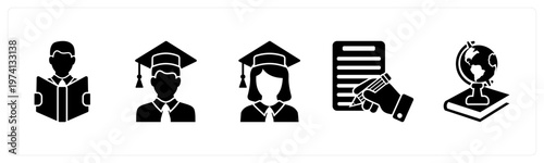 A set of 5 mix icons as reading, graduate boy, graduate girl