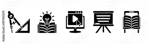 A set of 5 mix icons as geometry, knowledge, e learning