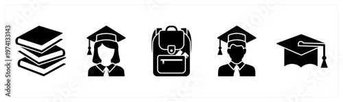 A set of 5 mix icons as books, graduate girl, school bag