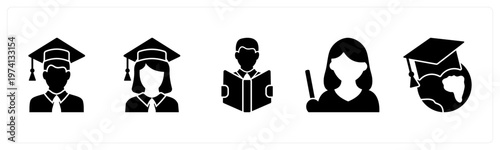 A set of 5 mix icons as graduate boy, graduate girl, reading