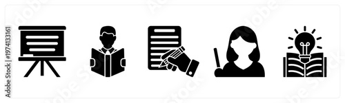 A set of 5 mix icons as white board, reading, writing