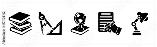 A set of 5 mix icons as books, geometry, history