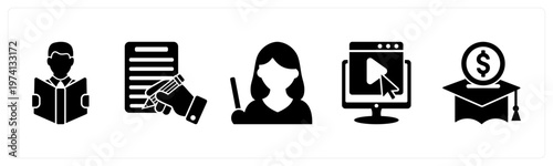 A set of 5 mix icons as reading, writing, teacher