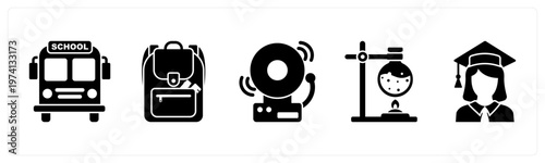 A set of 5 mix icons as school bus, school bag, school bell