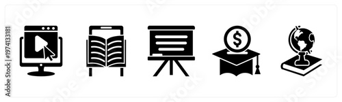 A set of 5 mix icons as e learning, mobile learning, white board