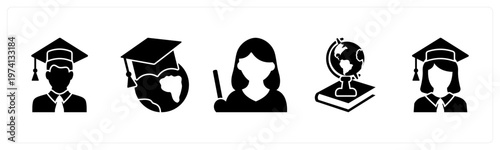 A set of 5 mix icons as graduate boy, global education, teacher