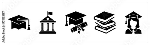 A set of 5 mix icons as graduation cap, school, degree