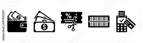 A set of 5 mix icons as wallet, cash, coupon