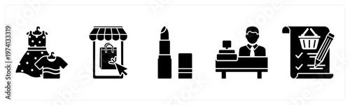 A set of 5 mix icons as clothes, mobile shopping, lisptick