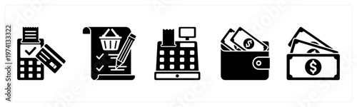 A set of 5 mix icons as card swipe machine, item list, billing machine