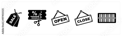 A set of 5 mix icons as sale tag, coupon, open board