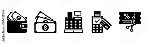 A set of 5 mix icons as wallet, cash, billing machine
