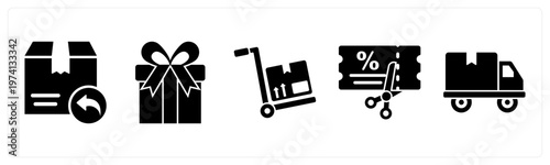 A set of 5 mix icons as return parcel, present, luggage trolley