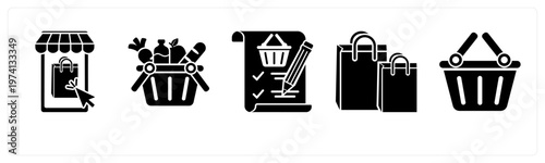 A set of 5 mix icons as mobile shopping, grocery, item list