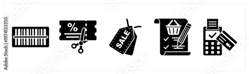 A set of 5 mix icons as barcode, coupon, sale tag