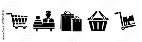 A set of 5 mix icons as shopping cart, receptionist, shopping bag
