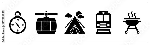 A set of 5 mix icons as compass, cable car, camping tent