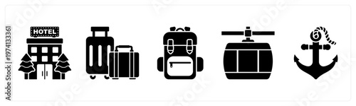 A set of 5 mix icons as hotel, suitcase, backpack