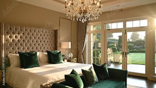 Luxurious bedroom with elegant bed and green garden view