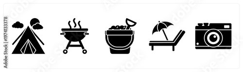 A set of 5 mix icons as camping tent, barbecue, sand bucket