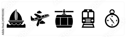 A set of 5 mix icons as cruise, plane, cable car