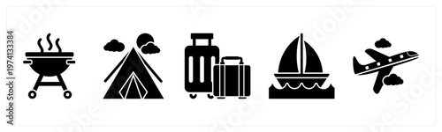 A set of 5 mix icons as barbecue, camping tent, suitcase