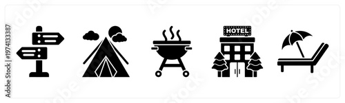 A set of 5 mix icons as directions, compass tent, barbecue