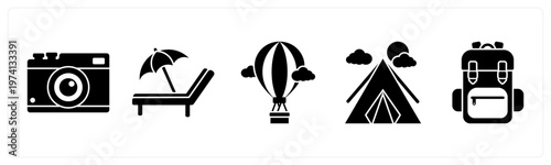 A set of 5 mix icons as camera, beach, hot air balloon