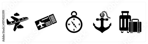 A set of 5 mix icons as plane, plane ticket, compass