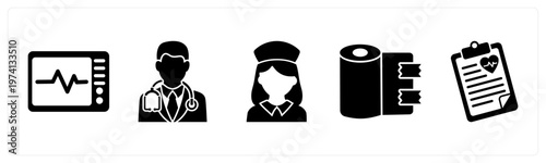 A set of 5 mix icons as ecg machine, male doctor, nurse