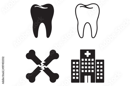 Dental health icons with bones and a hospital building illustration