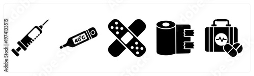 A set of 5 mix icons as injection, thermometer, bandage