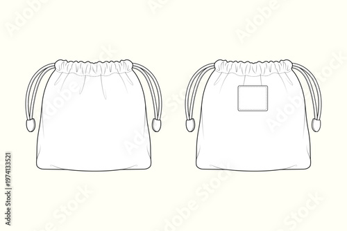 Minimalist Artisan Canvas Drawstring Pouch with Integrated Utility Patch Technical Flat Sketch Mockup